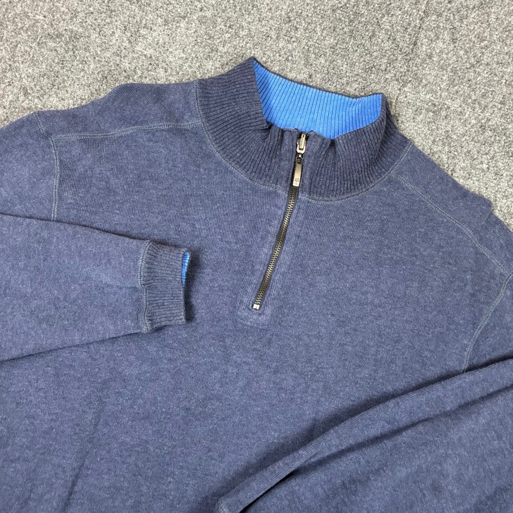 VTG Alan Flusser Mens Size Medium Navy Blue Heather Cotton Quarter Zip Sweater